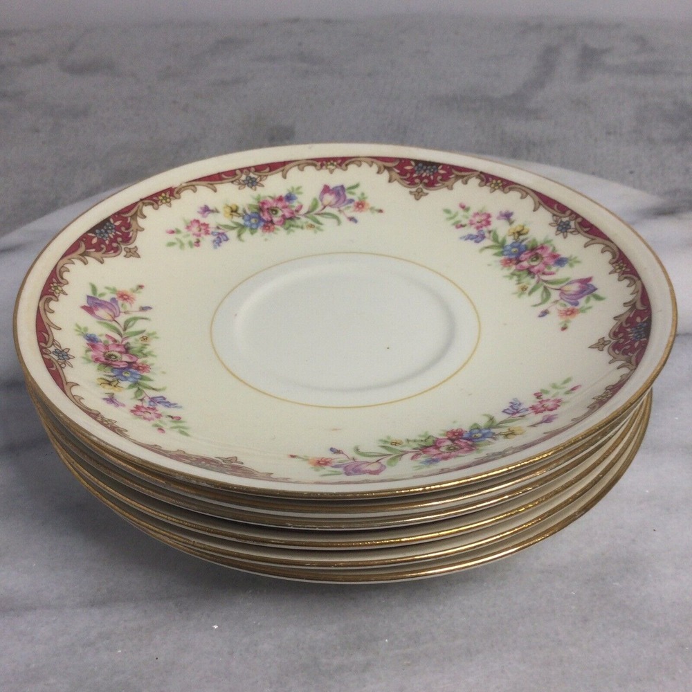 SET OF 6 Eggshell Nautilus Homer Laughlin Saucer D48N5 Gold Floral "Replacement"